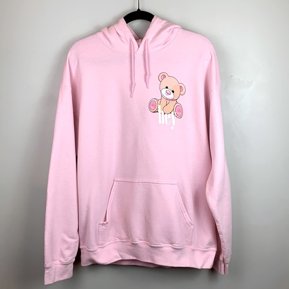 Oversized Gildan Pink Teddy Bear Hoodie Hey Bye